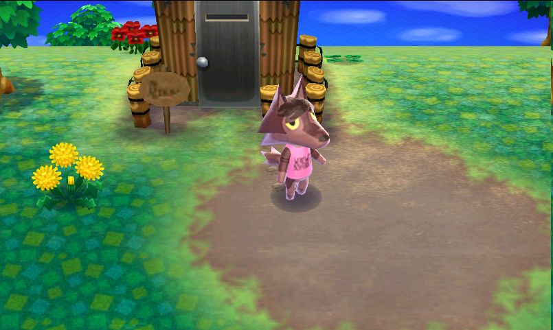 Screenshot of Animal Crossing: New Leaf running in an emulator, with my fursona in game wearing a pink “werewolf boyfriend” shirt