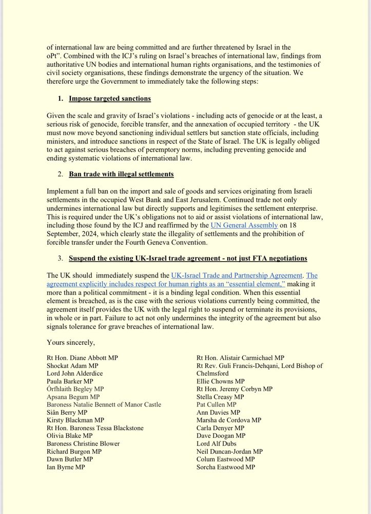 Letter from 96 UK Parliamentarians who have demanded sanctions on Israel for war crimes against Palestinians and systematic violations of international law, including imposing targeted sanctions, a ban on trade with illegal settlements, and a suspension of the existing UK-Israel trade agreement. 
