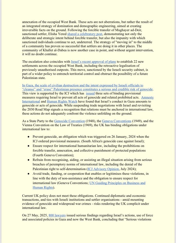 Letter from 96 UK Parliamentarians who have demanded sanctions on Israel for war crimes against Palestinians and systematic violations of international law, including imposing targeted sanctions, a ban on trade with illegal settlements, and a suspension of the existing UK-Israel trade agreement. 