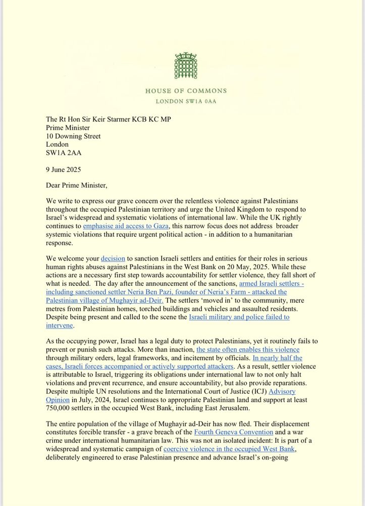 Letter from 96 UK Parliamentarians who have demanded sanctions on Israel for war crimes against Palestinians and systematic violations of international law, including imposing targeted sanctions, a ban on trade with illegal settlements, and a suspension of the existing UK-Israel trade agreement. 