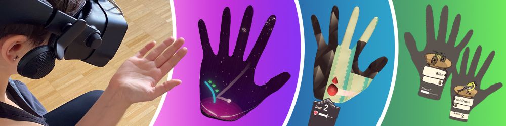 Four images, the first one shows a person wearing a VR headset, looking at her hand. The other images shows three VR games played on the hand, including a pinball game, a race game, and a game played with two hands mimicking a twin pan balance.