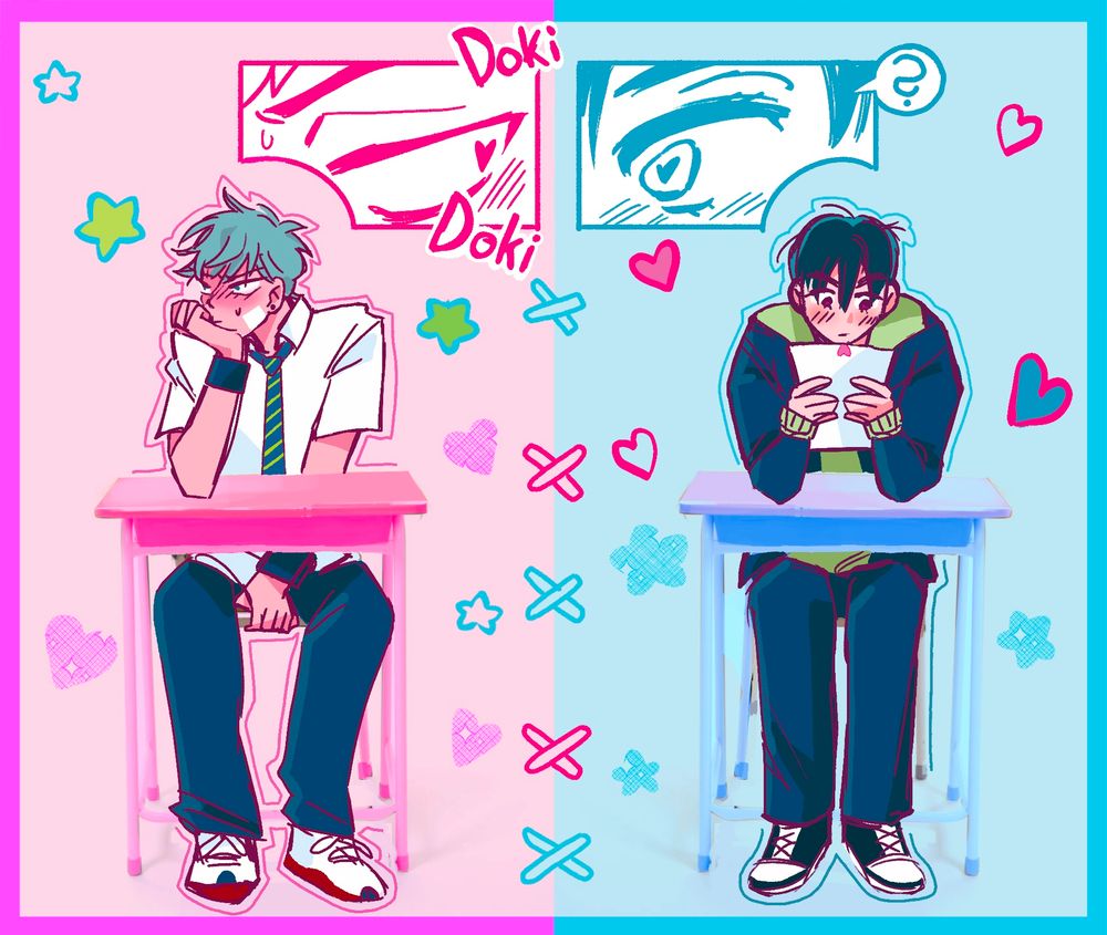 Highschool Ivan and Till sitting at their desks, till slipped Ivan a love note and they’re both blushing 
