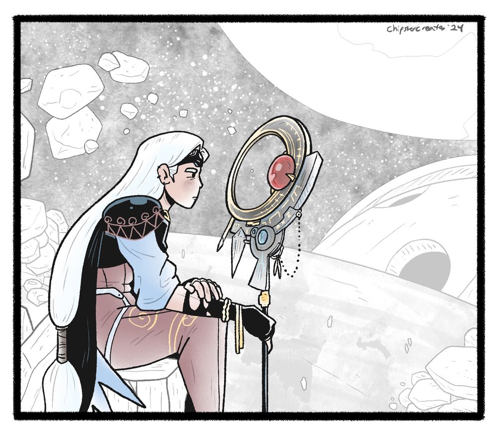 digital illustration of Selena Repulsa from the comic The Return.  She’s sitting on the moon looking at her mother’s staff with a hardened expression.