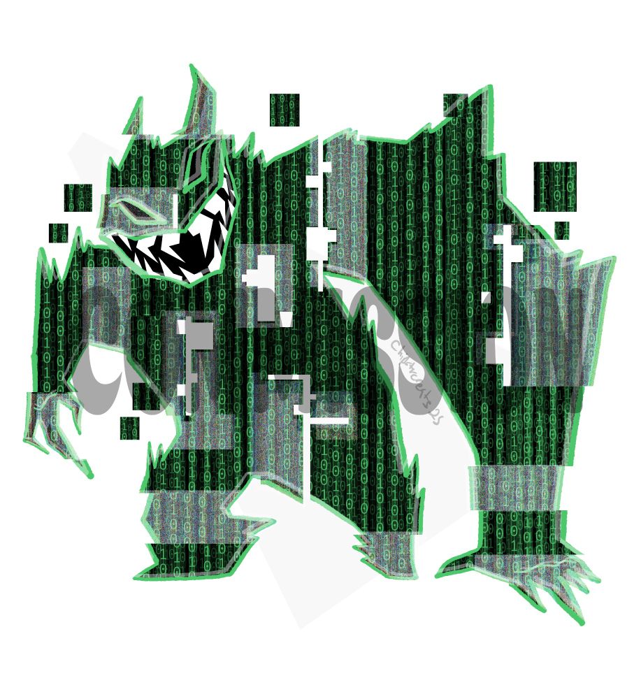 Digital drawing of another green and black monster made out of corrupted computer code, but bigger and bulkier.