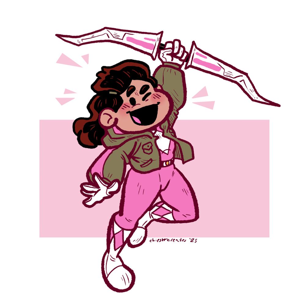 digital drawing of a chibi Olivia Hart in the Pink Ranger suit holding the Power Bow over her head.