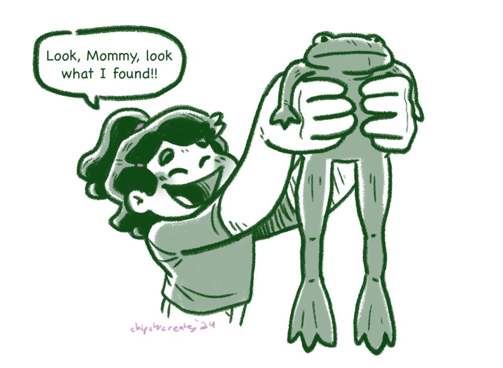 Green digital sketch of a younger Olivia happily holding up a blank-faced frog.  

Olivia: Look, Mommy, look what I found!!