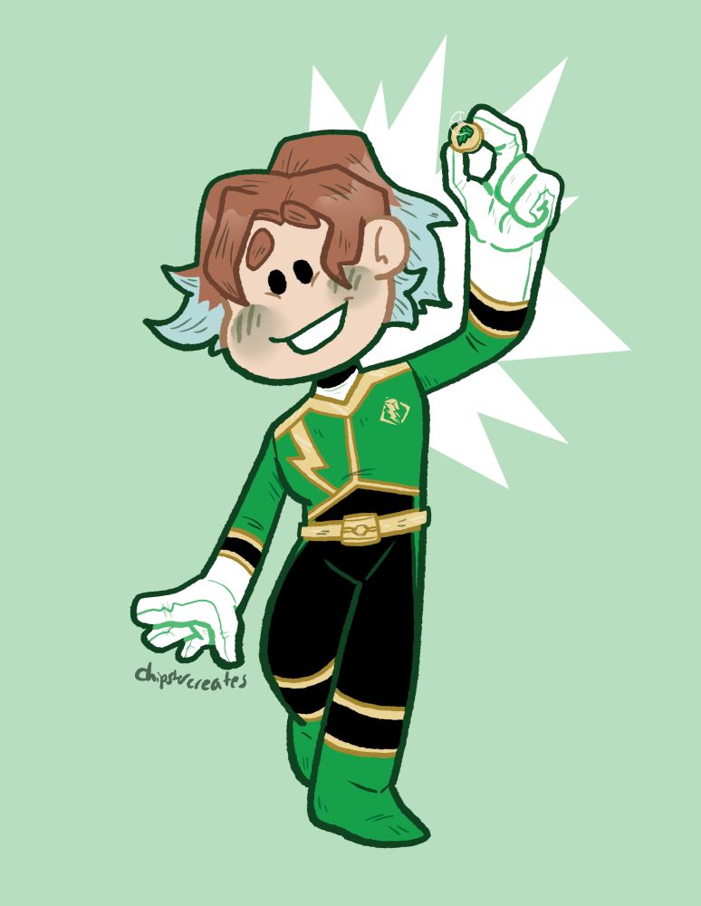 Colored image of a chibi Sage from Ranger Academy.  She is morphed into her green suit (helmetless) and holding her green Spectracite.