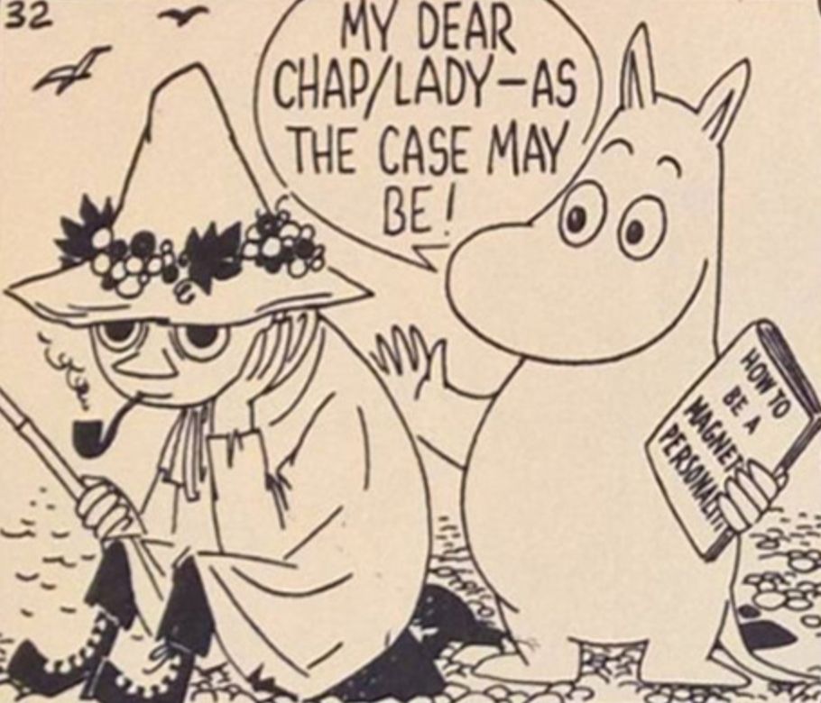 panel from the Moomin comic strip.  Snufkin sits on the riverbank fishing and Moomin, standing behind him, states: "My dear chap/lady - as the case may be!" 