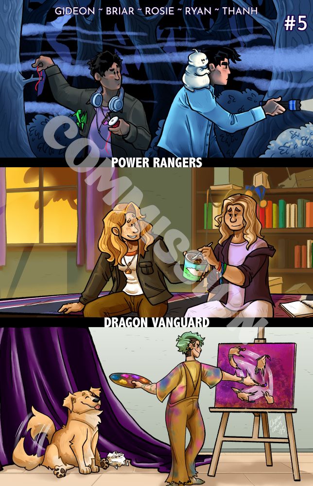 Digital illustration of three scenes of Power Rangers OCs.  The top scene has two boys, one in pink and one in blue, exploring a misty forest late at night.  The second scene has two girls sitting on a bed sharing a pint of ice cream.  The third scene has a person painting in front of their dog and a living wadded-up ball of paper.