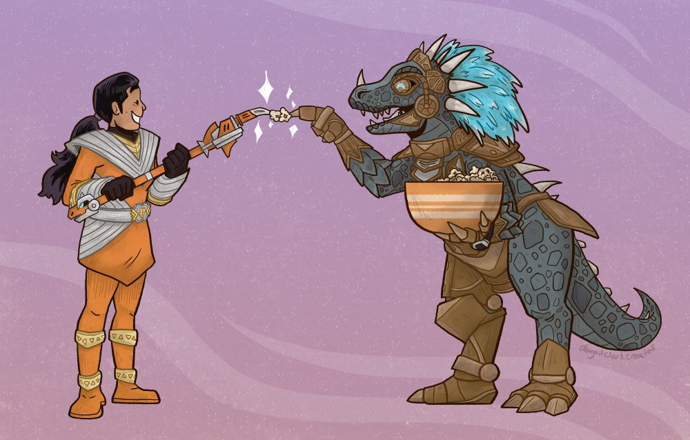 Fern and Solon from Power Rangers Cosmic Fury, standing against a mauve background.  Fern is in her orange ranger suit and holding her weapon, which has a piece of popcorn on the claw.  Solon is holding a bowl of popcorn in one hand and has a piece stuck on her own claw.  They are tapping their popcorn pieces together like they're making a toast.