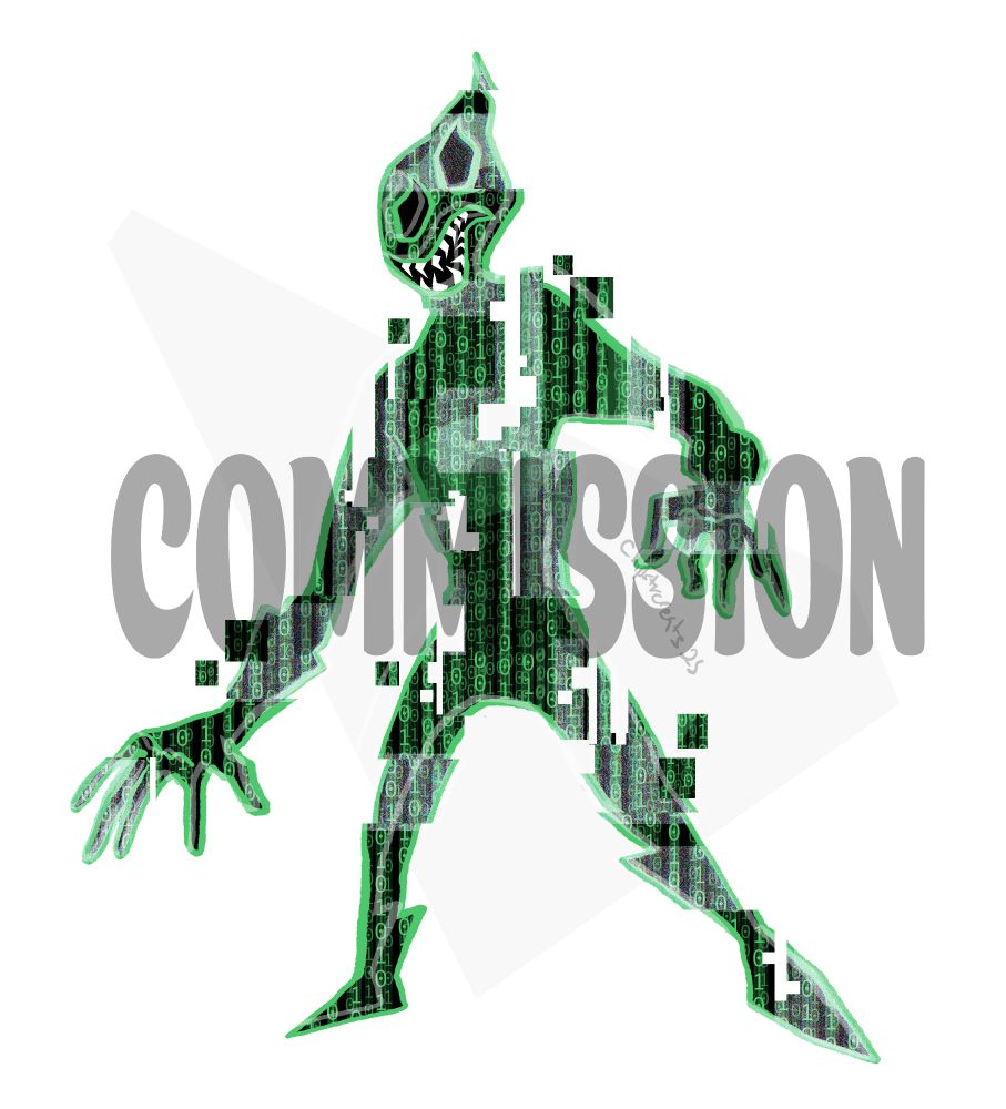 Digital drawing of a green and black monster guy that resembles a pointy-teethed man made out of corrupted computer code.