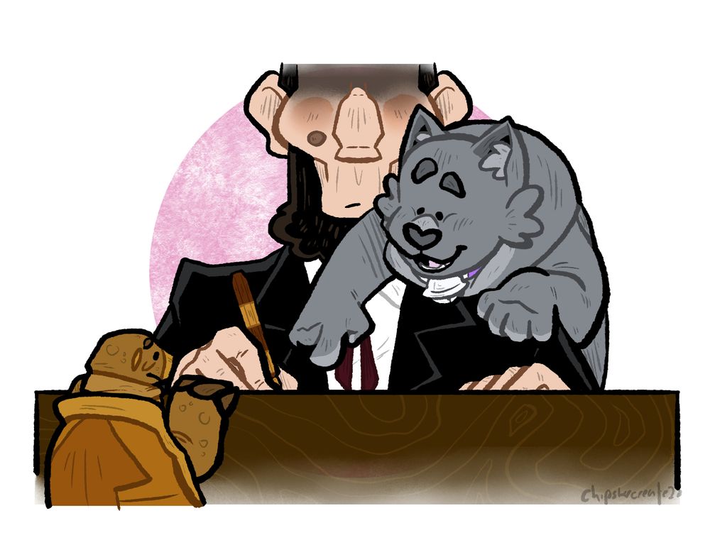 Digital illustration of a brown tortoise and gray cat "helping" Abraham Lincoln as he writes his Gettysburg Address.