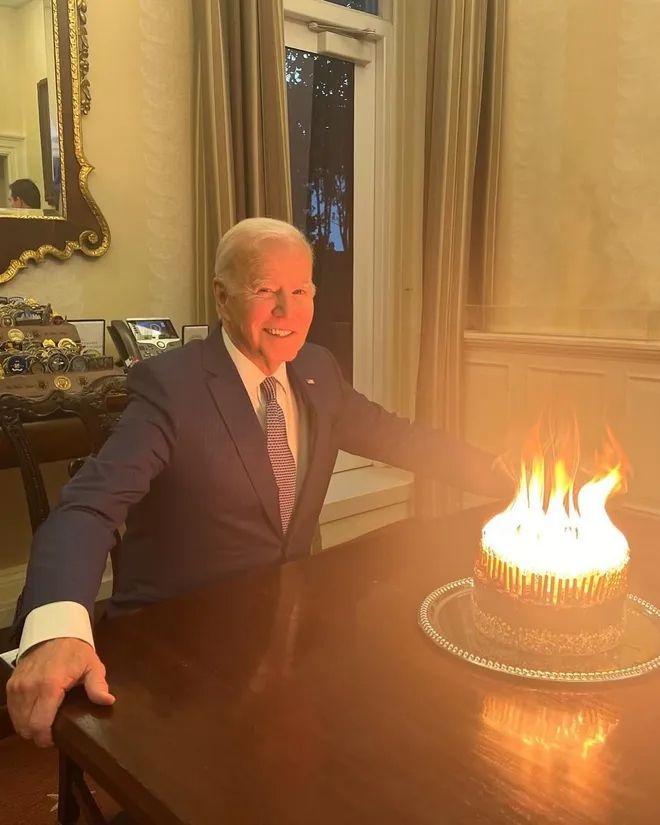Joe Biden in front of a birthday cake which, despite all logic, has 81 fully lit candles on it