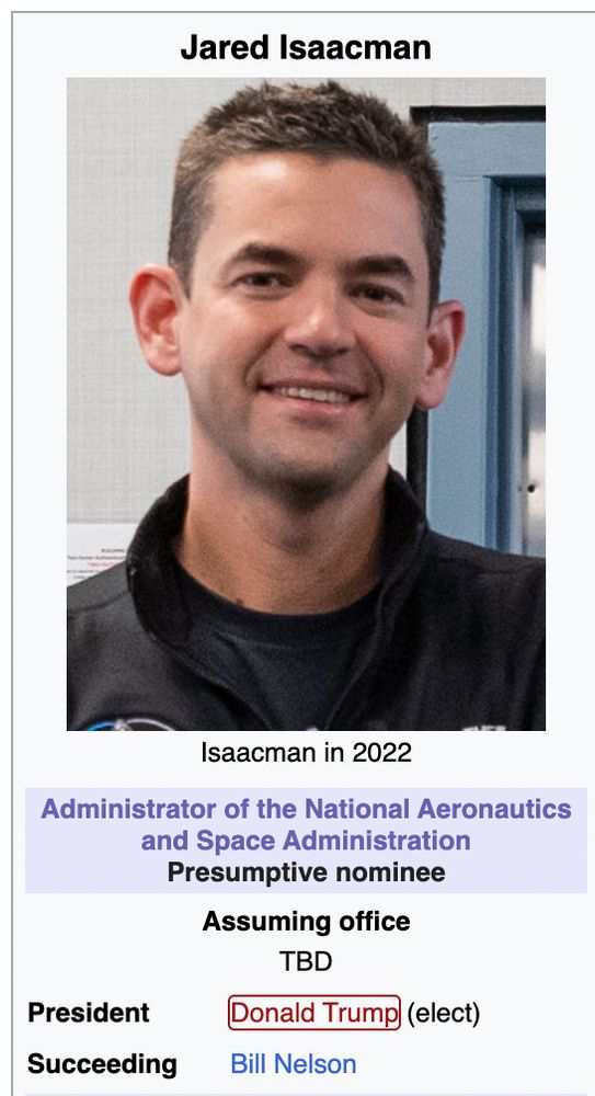 Jared Isaacman wikipedia headshot, underlined with his title as presumptive nominee for NASA admin