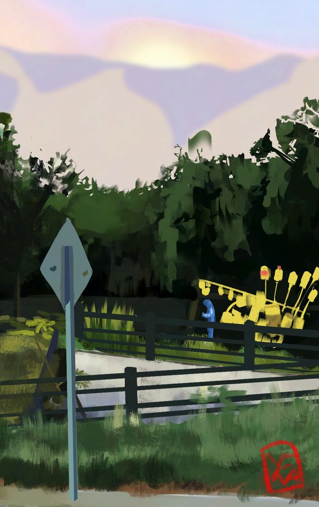 A street view picture with the back of a stop sign at the foreground and foliage on the sidewalk. with a black fence lining the environment, there is a bright blue figure on t