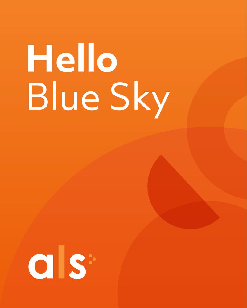 Bright Orange background with overlayed dark orange circular shapes. With white bold letters in the top left corner reading 'Hello Blue Sky' 