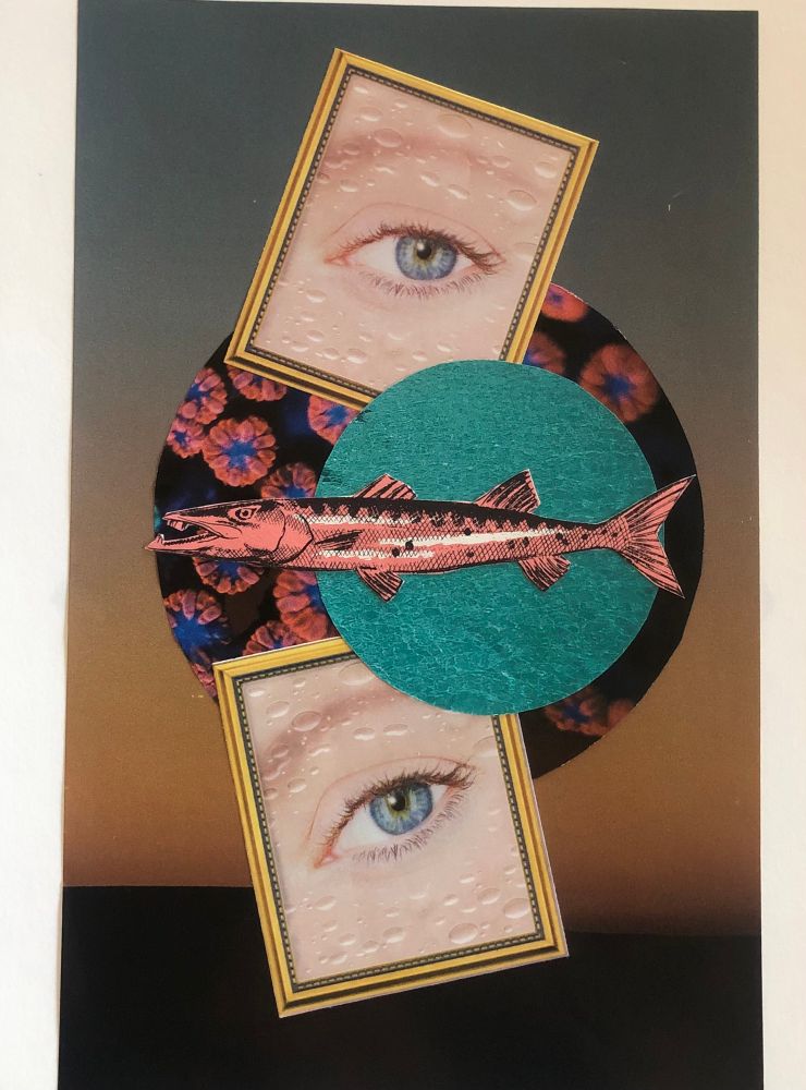 Two framed eyes in gold frames are tilted and overlap a circle of marine life in the center of this collage. On top a circle of turquoise ocean with an illustration of a barracuda (from a vintage children’s book). In the background - a sunrise or sunset over a dark landscape.