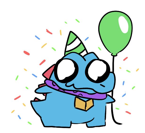 Creature-ified Totodile OC with a stripped green birthday hat and holding a green balloon