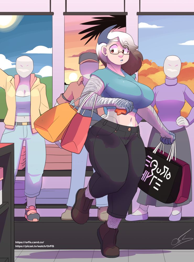 the human woman from before has started turning into an absol. she's 8ft tall, her hair is turning white, her eyes are turning red, she has greying skin, and is growing body hair all over. she's out clothing shopping