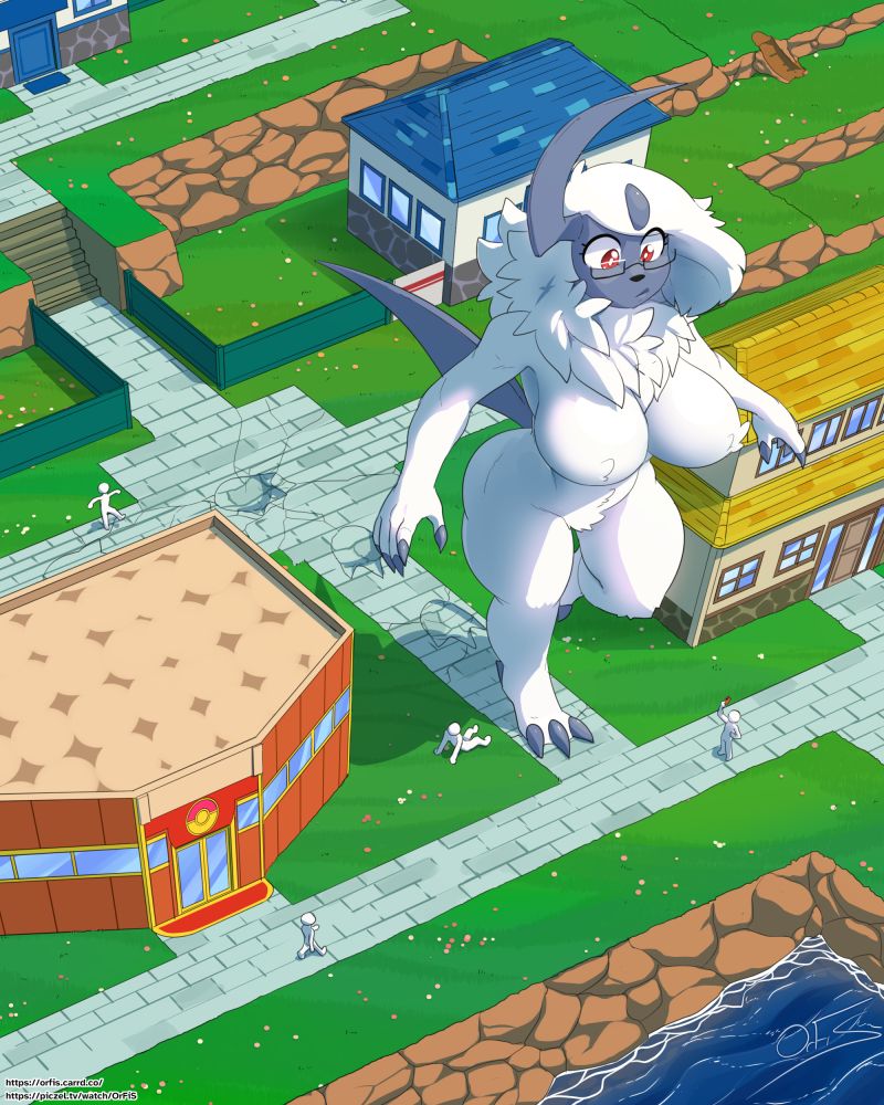 the human woman has fully become an anthro absol. she's got a much bustier body, and is walking through the center of lilycove city naked, though her fur is covering up anything sensitive.