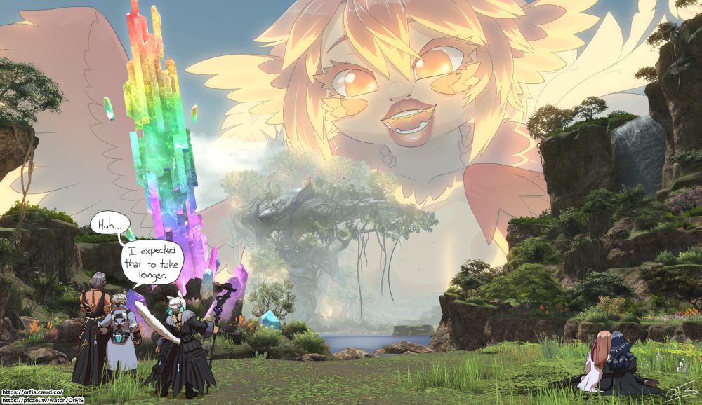 A picture of Eden from FFXIV, fully fixed and lush. Looming over the horizon is a massive Lalafell Phoenix Harpy Woman with huge tits, smiling excitedly. In the foreground, Urianger and Thancred are standing next to each other, looking at the scenery as thancred says "Huh... I expected that to take longer." Behind them is Y'shtola, and on the other side of the picture, Ryne and Gaia are sitting together looking at the scenery.