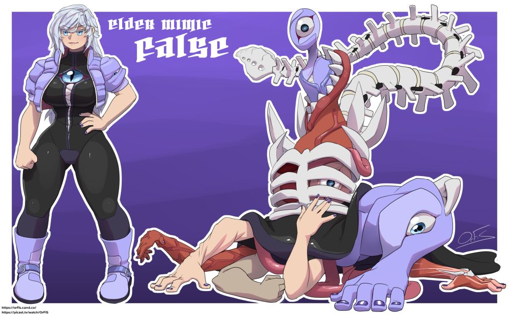 Two views of a character labelled "Elder Mimic False". On the left is a white haired blue eyed young woman, wearing a cropped purple jacket, purple leather boots, and a black bodysuit. The bodysuit's zipper opens up wider and wider as it rides up her, revealing the zipper to actually be teeth, before ending at a big blue eye in the middle of her chest. On the left is a weird fleshy monster, a vaguely humanoid figure emerging from layers of flesh and mouths rising from an upside down rib cage. a spine rises out the back, moving around like a big tentacle. and at their base, a varied cluster or arms and pink tentacles emerge from beneath a curtain of pitch-black flesh. The arms vary from monstrous and purple, to exposed bone and muscle, to arm-like facsimiles made of some other organ, and an arm whose skin is loose and poorly fitting.