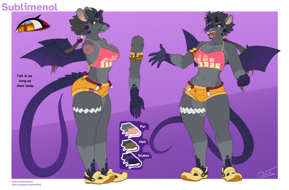 Two views of the Anthro Rat-Dragon Sublimenol. a neutral one of them from the side, and one of them posing angrily from the front. They have a thin waist, breasts, and wide hips. They have grey fur and dark grey hair, orange eyes, and dark purple scales on their nose, tail, wings, hands and feet. They're wearing a bright pink halter top, with a yellow and orange equalizer design on the front. They're wearing a gold bangle on their right arm, have a white band around their right thigh, have orange short shorts with a maroon rope belt, and pale yellow croc-like shoes.