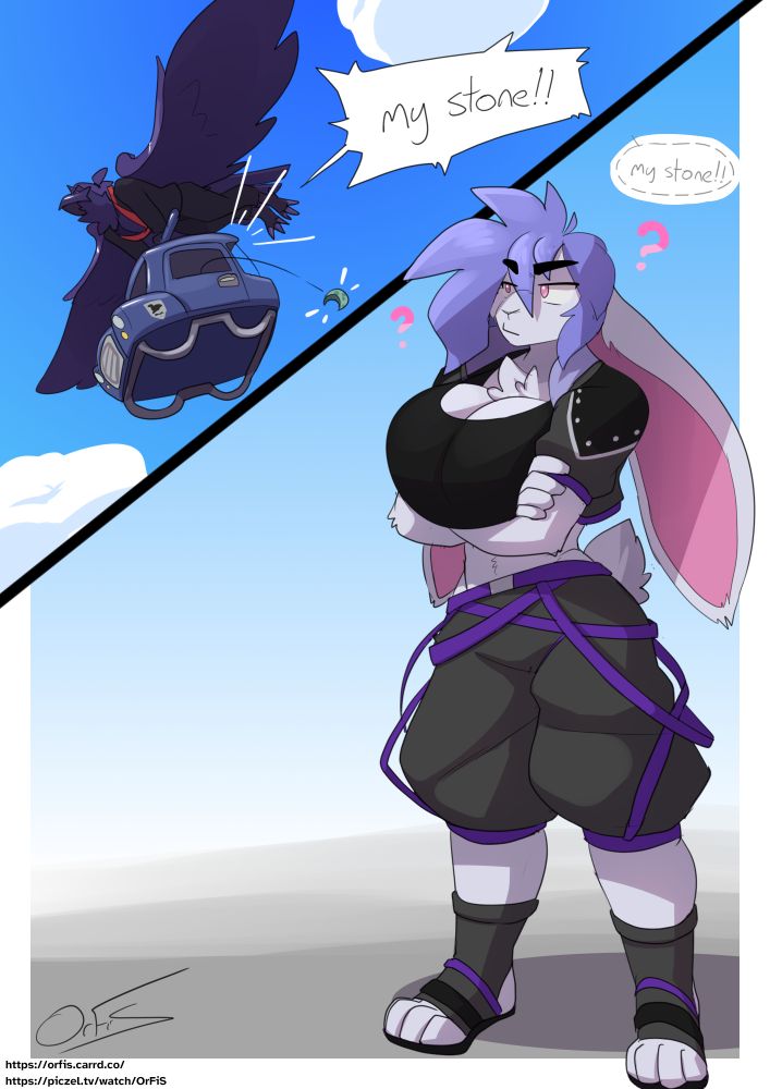 An anthro corviknight is carrying a taxi through the sky, when an occupant shouts out "my stone!!", dropping a moon stone from the taxi. Below them, Stentbun, a bustyboy anthro rabbit is standing around, confused as he hears the faint yell from above.