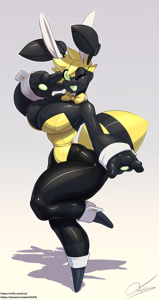 a busty robotic anthro bee woman posing playfully and winking at the camera while wearing a bunnygirl outfit.