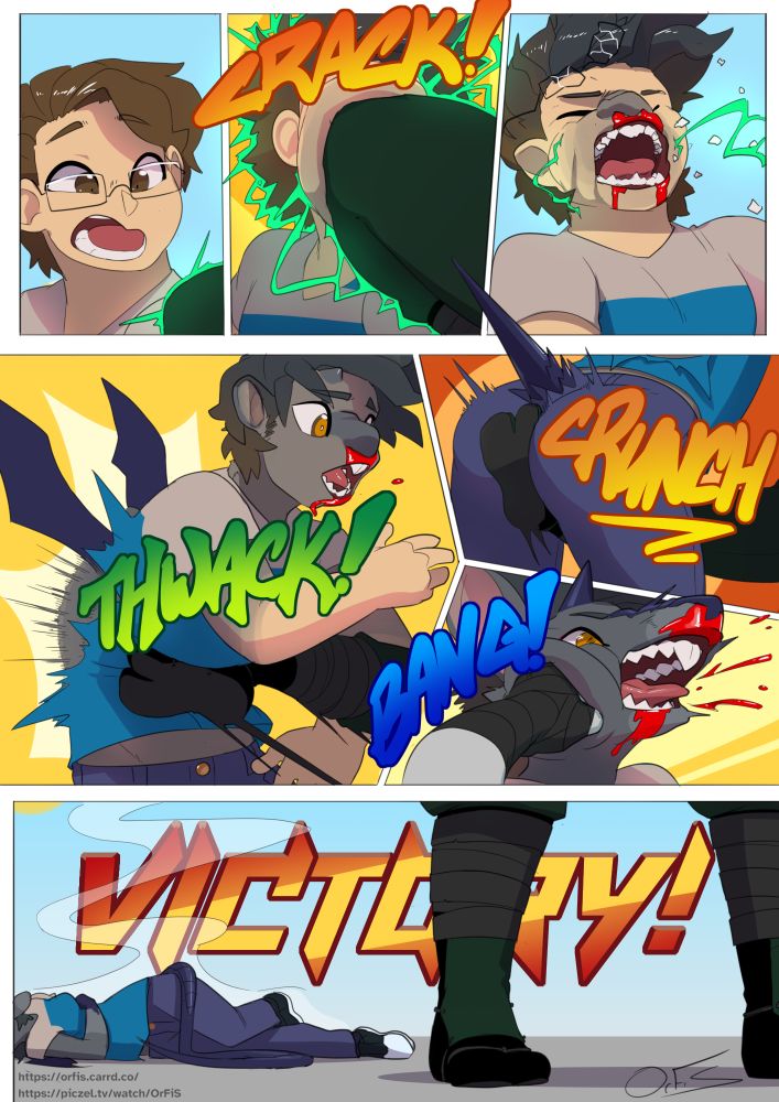 The human barely has a moment to respond, as they're kneed in the face with a loud CRACK!, breaking their nose and teeth, turning their face grey, as shards of teeth fall out of their face. The human is kicked in the gun with a THWACK! so hard that the back of their shirt explodes, and wings grow. The human is kicked in the groin with a CRUNCH! that sends a tail shooting out the other side. And with a BANG! they're socked in the cheek, reshaping their face completely into a horned and parially scaled rat face. As the once human is left smoking on the ground, the announcer declares "VICTORY!"