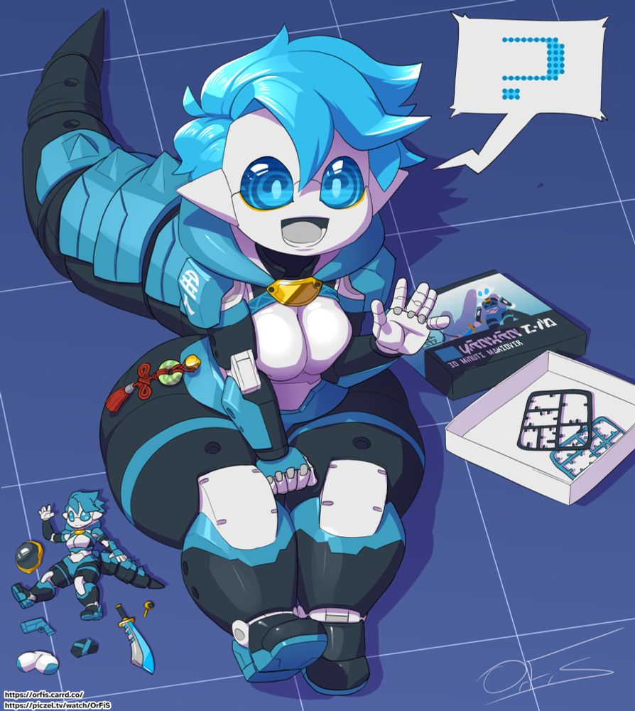 a picture of a robotiv enby sitting on the ground and waving at the viewer. They're next to a miniature version of themself. the Robot is very modular, with sockets where decorative ad-ons and armor could be placed.