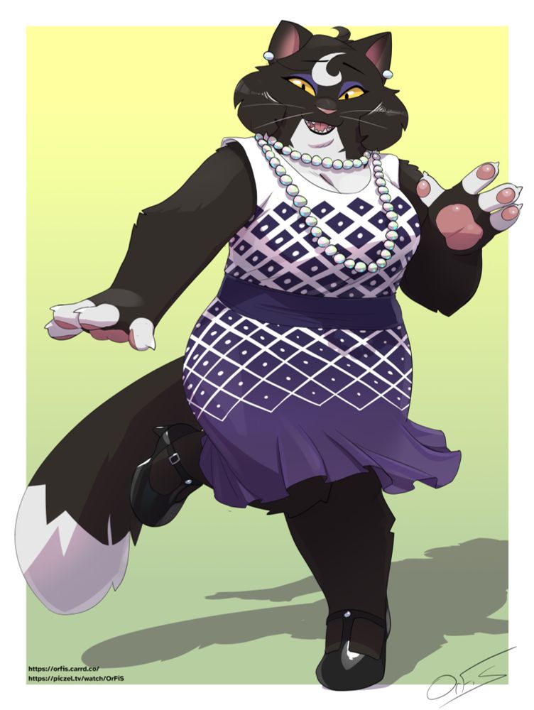 a chubby anthro black cat woman with a white chin and chest, white fingers, and a white tail tip, wearing a purple and white flapper dress, pearl necklace, and black heels. she's dancing the charleston