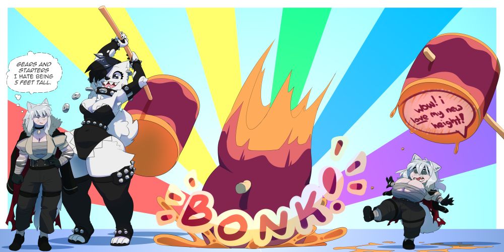 A stern looking wolf woman is standing around, looking frustrated as she thinks to herself "Gears and Starters I hate being 5 feet tall." Behind her, a 6'4" anthro samoyed demi-woman is rearing back with a comically large hammer. ve has a gleeful expression pasted on vis face. Ve smashes the wolf woman with a dramatic BONK! and when the hammer is lifted, the wolf woman is now half her original height, but still just as wide, with now proportionately huge tits and hips. on the underside of the hammer a painted on speech bubble says "wow! i love my new height!"