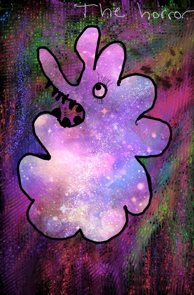 Abstract art of galaxy blog monster with teeth. Handwritten is "The Horror"