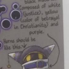 Concept art of an early design for Magolor from "Kirby's Return to Dream Land", with the description above him reading "Composed of white (justice), yellow (color of betrayal in Christianity) and purple."