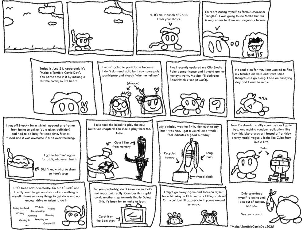 A small comic page depicting a strange unauthorized creature representing the author, rambling about random stuff with drawings of other characters, objects, and the like,. I apologize for not transcribing everything here, it would be a lot for a very low-key personal comic. I hope it's readable at the very least.