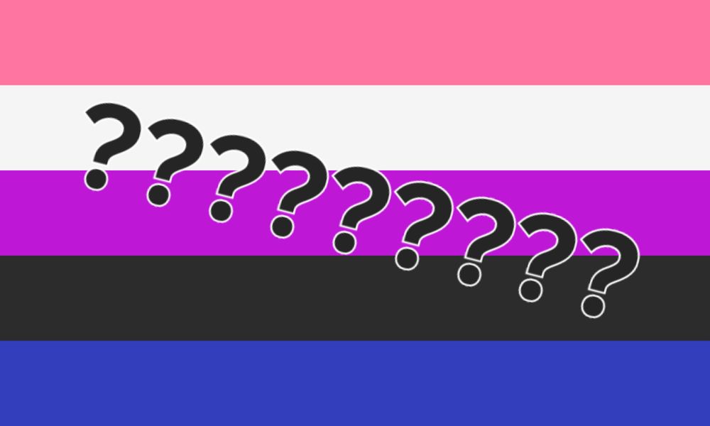 The genderfluid pride flag, with a row of question marks across it
