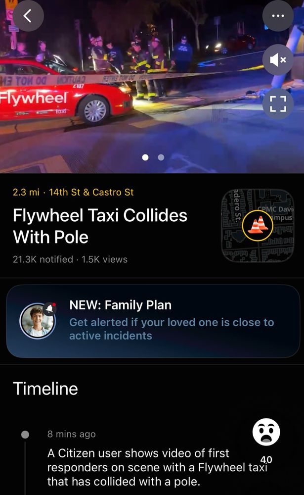 Screenshot of Citizen app showing a picture of a taxi cab that collided with a pole at 14th & Castro streets in San Francisco. 