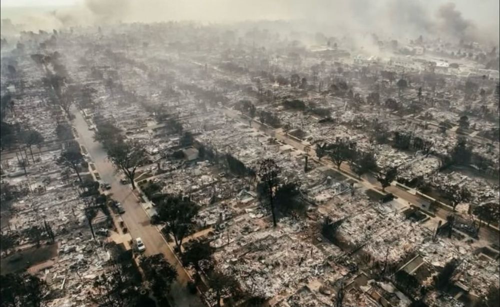 Aerial view of the Pacific Palisades neighborhood in Los Angeles County which was leveled by the Palisades fire in January, 2025