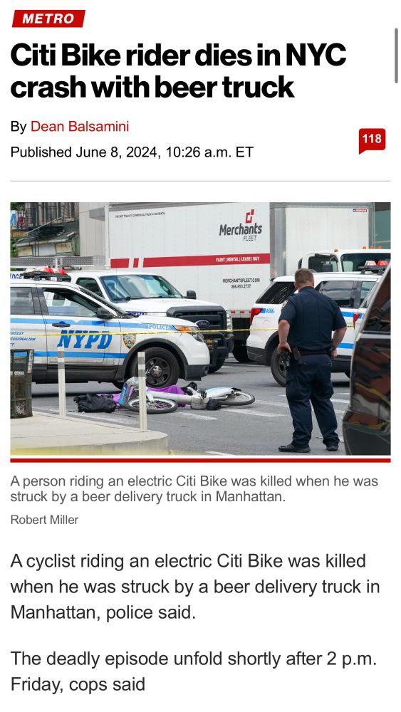 News of deadly car crash with Citi Bike  cyclist in NYC. 
