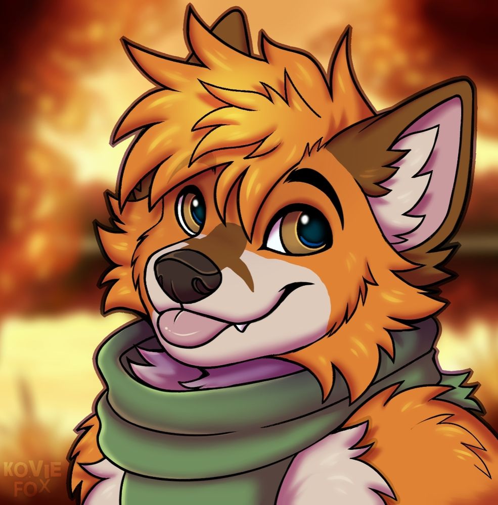 Fox looking at the viewer with a blep he has a green scarf. The background is a blurred fall scene. Wonderful lineart and shading by Kovie Fox, colouring of Copper done by me