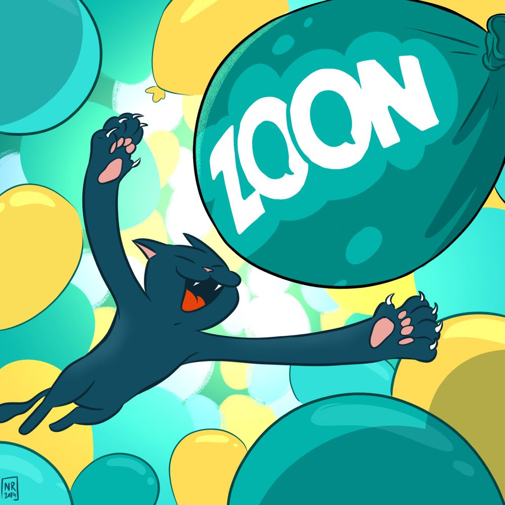 drawing of a cat among balloons, jumping at on balloon on which is written ZOON