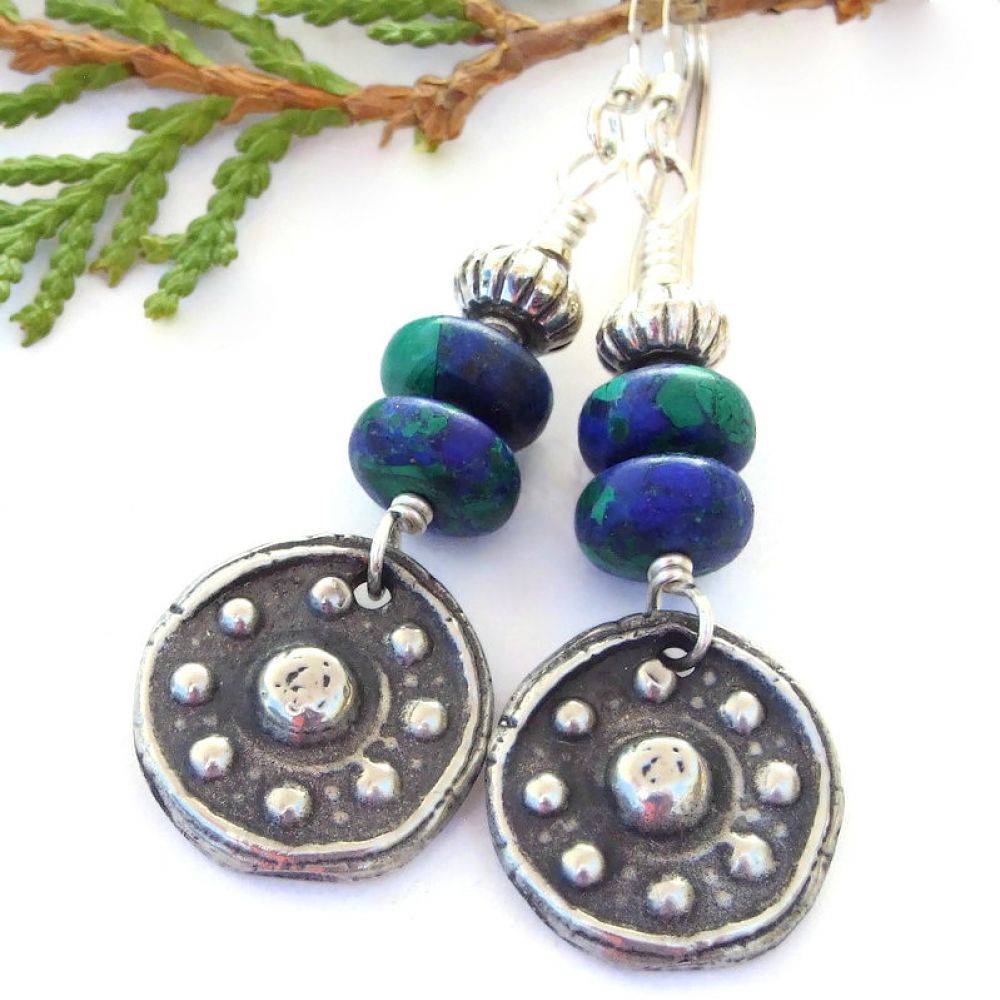 Eightfold Path Wheel of Life Earrings Rustic Handmade Gemstone Jewelry