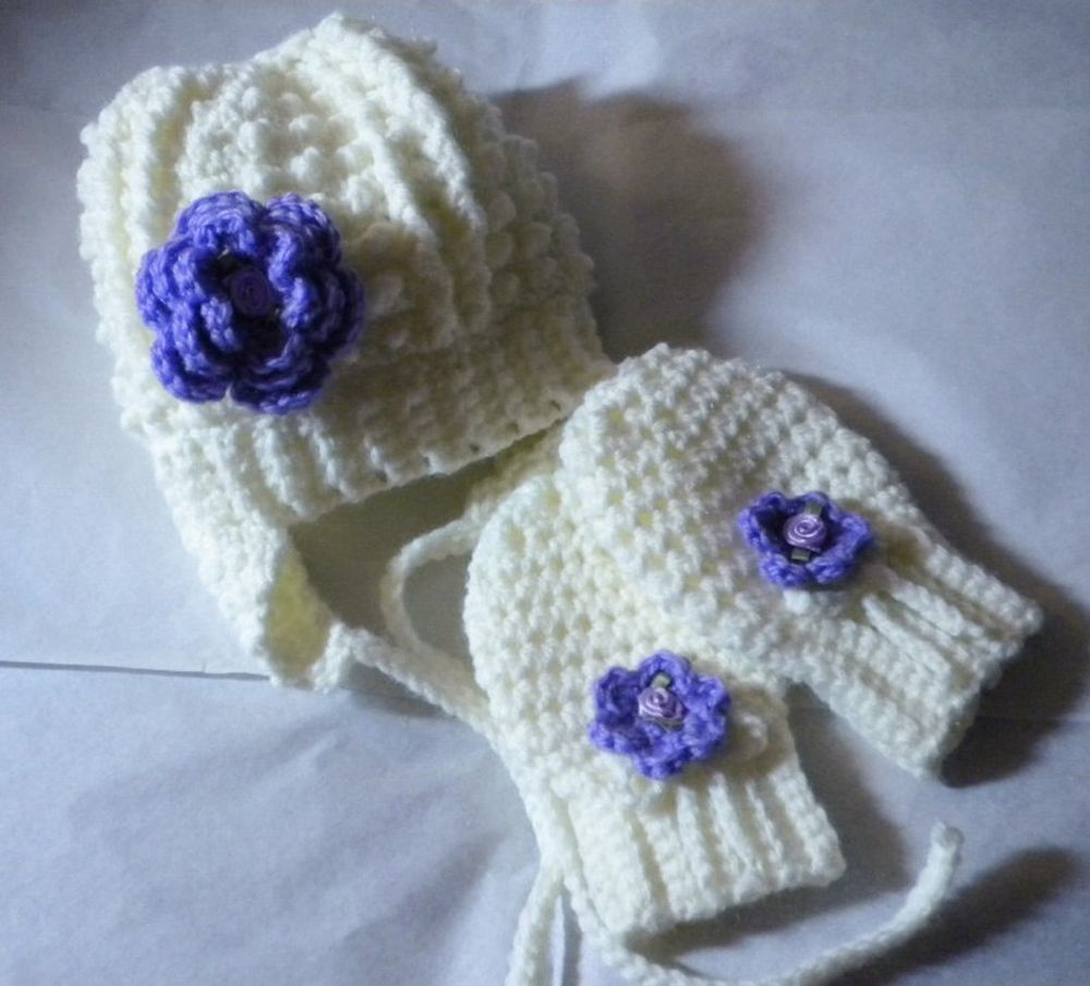 Crocheted Baby Irish Knit Hat W Mittens/lavender Flower 18 24 Mo - Etsy