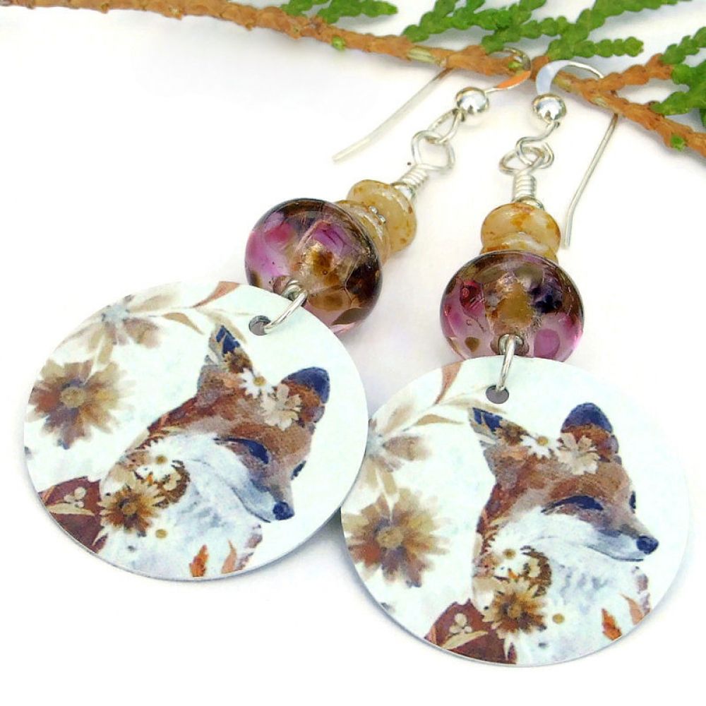 Foxes Flowers Earrings Lightweight Lampwork Handmade Fox Lover Jewelry