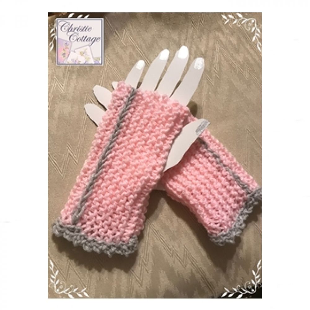 Pink and Grey Fingerles gloves, Knit with crochet trim. Free Shipping P-263