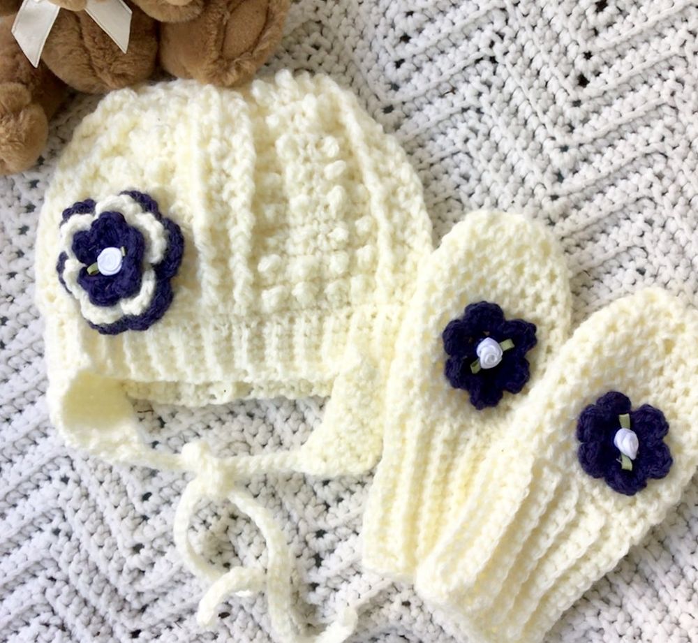 Crocheted Irish Knit Hat Mittens Toddler 2T Blue Flower - Etsy