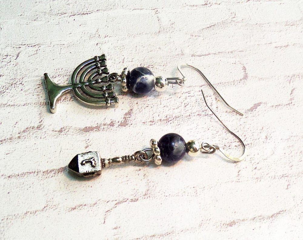 Hanukkah Menorah Dreidel Sodalite Earrings, Jewish Charm Jewelry, Chanukah Gifts for Friend, Blue Gemstone Earrings - Etsy