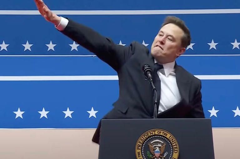 musk doing the double hitler salute on stage with full body force that he even did this little grunt