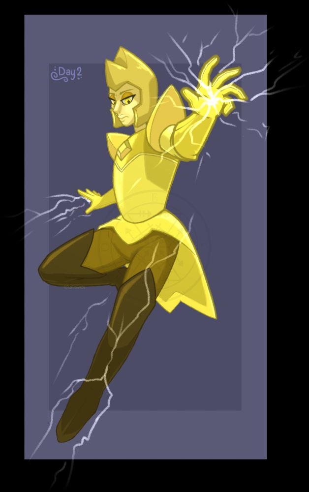 The illustrious Yellow Diamond is set in a battle, ready to strike the rebelling Gems down in a flash. She has lightning coming out of her hands and seemingly stretching down to her feet as she looks down in disdain.